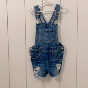 Girl’s Distressed Denim Short Overalls - Size X-Small (4-5)
